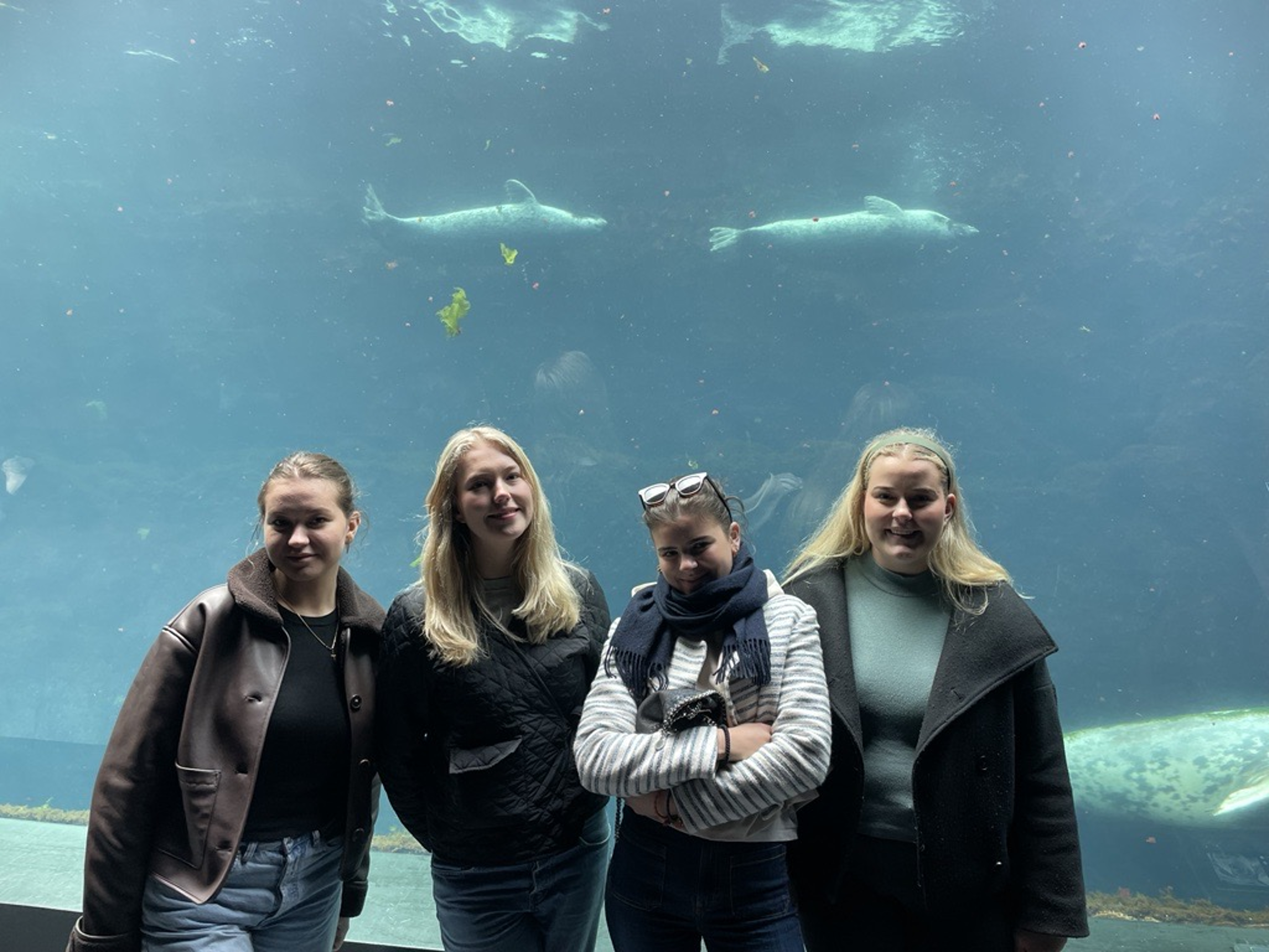 en gruppe mennesker som poserer for et bilde foran et stort akvarium en gruppe mennesker som poserer for et bilde foran et stort akvarium