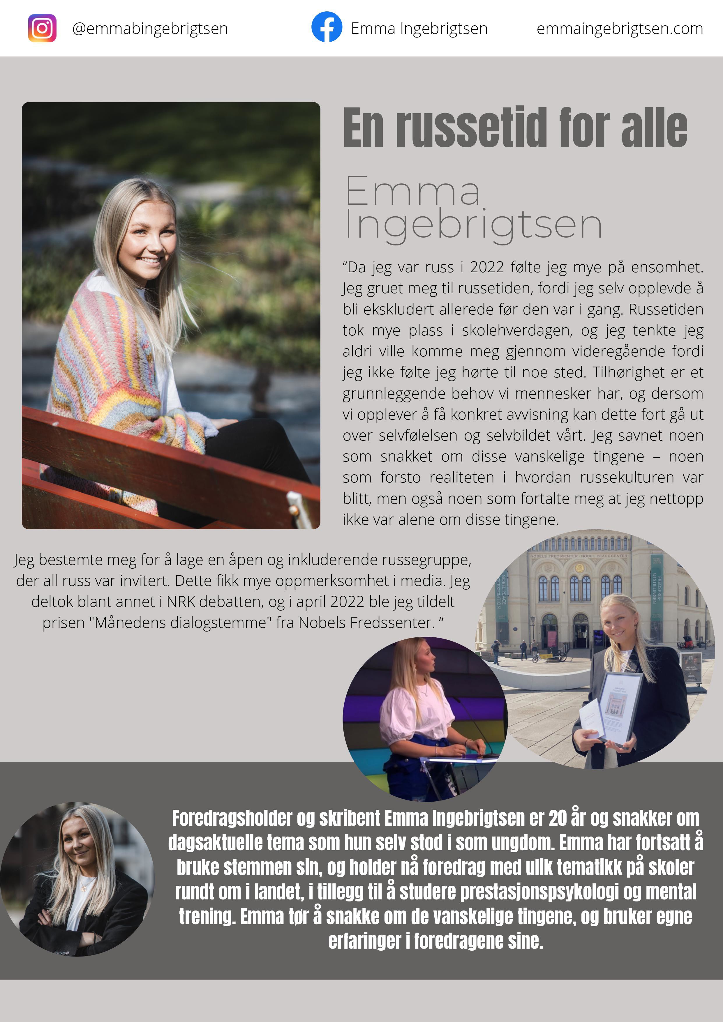 Info om foredrag av Emma Ingebrigtsen Info om foredrag av Emma Ingebrigtsen