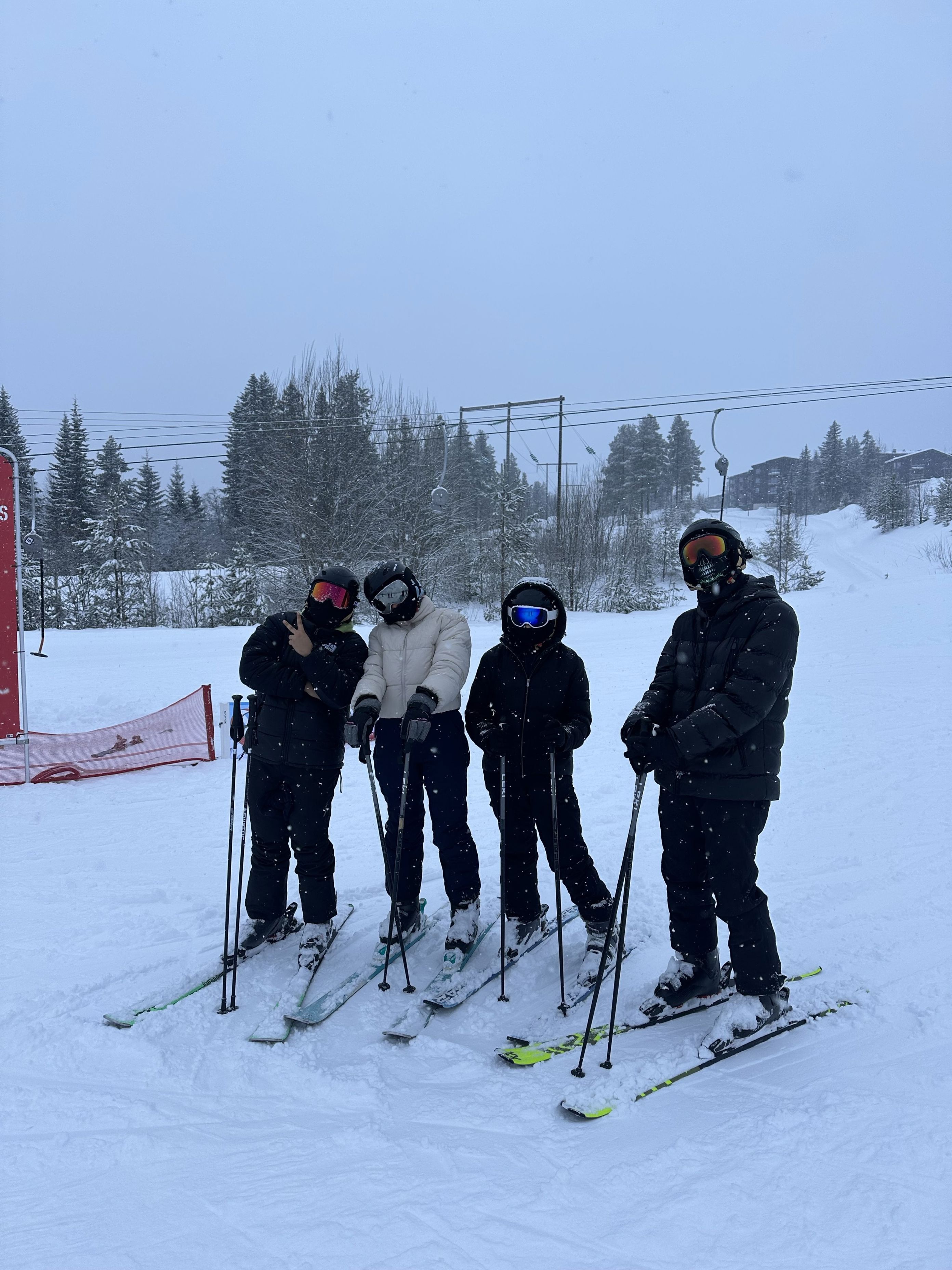 En gruppe mennesker poserer på snøski En gruppe mennesker poserer på snøski