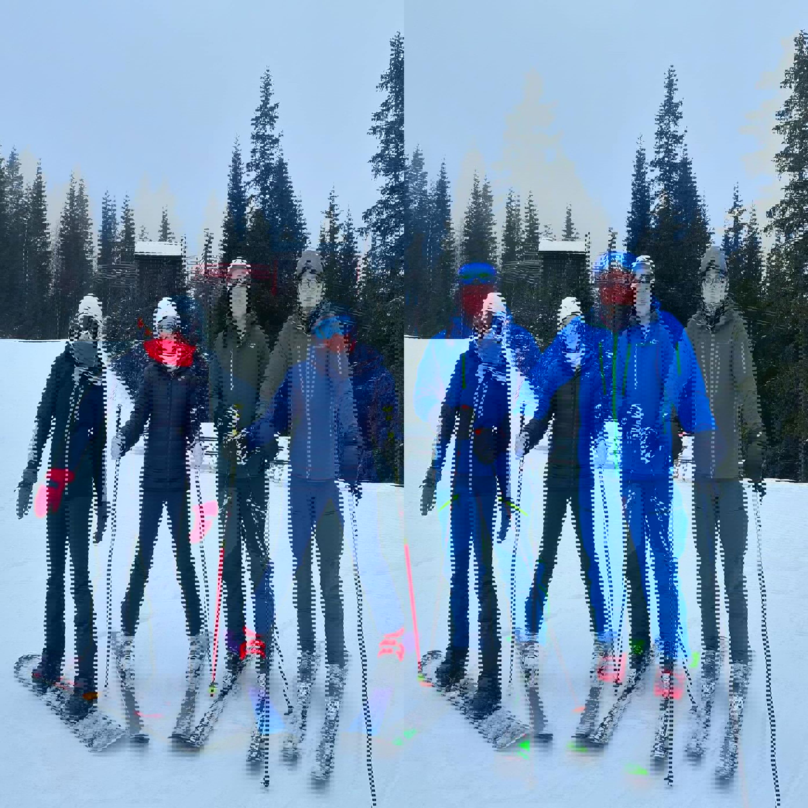 En gruppe skiløpere poserer for et bilde En gruppe skiløpere poserer for et bilde