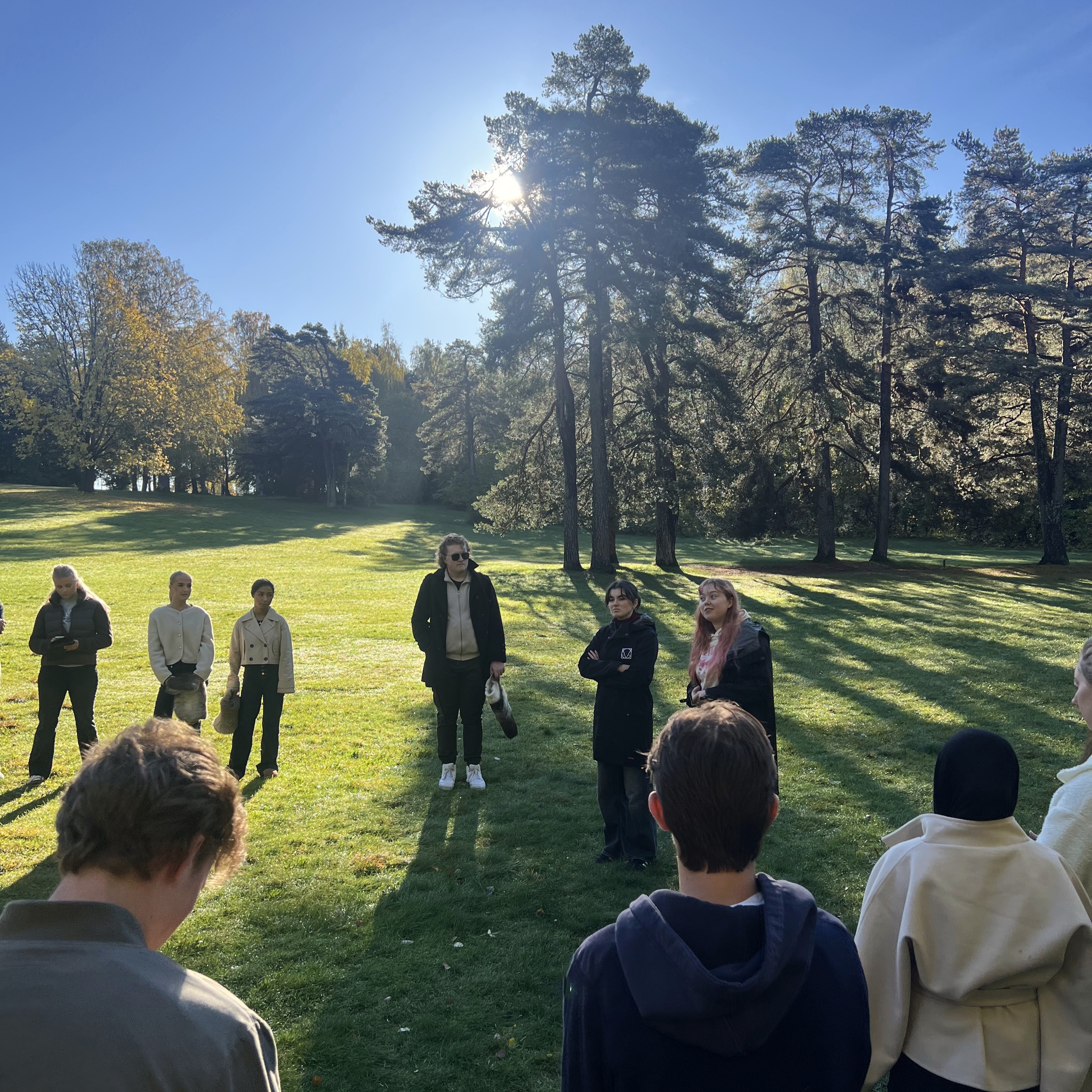 en gruppe mennesker som står på et gresskledd felt med trær i bakgrunnen