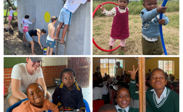 Et collage av et barn og et barn som leker med en balltre