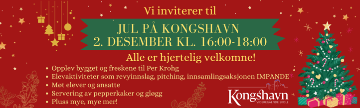 en rød bakgrunn med hvit tekst og et tre med stjerner