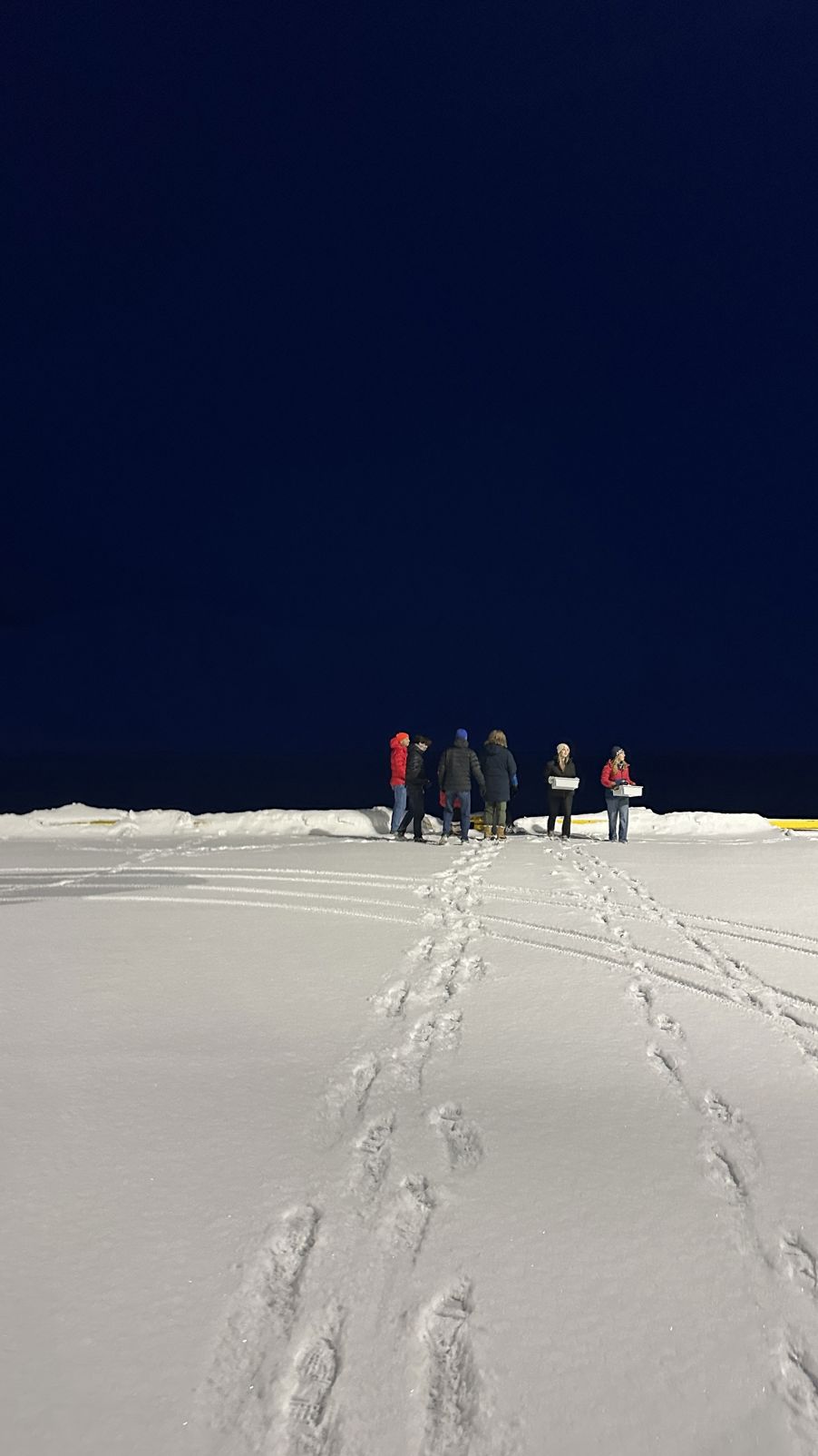 En gruppe mennesker som står på en snødekt ås En gruppe mennesker som står på en snødekt ås