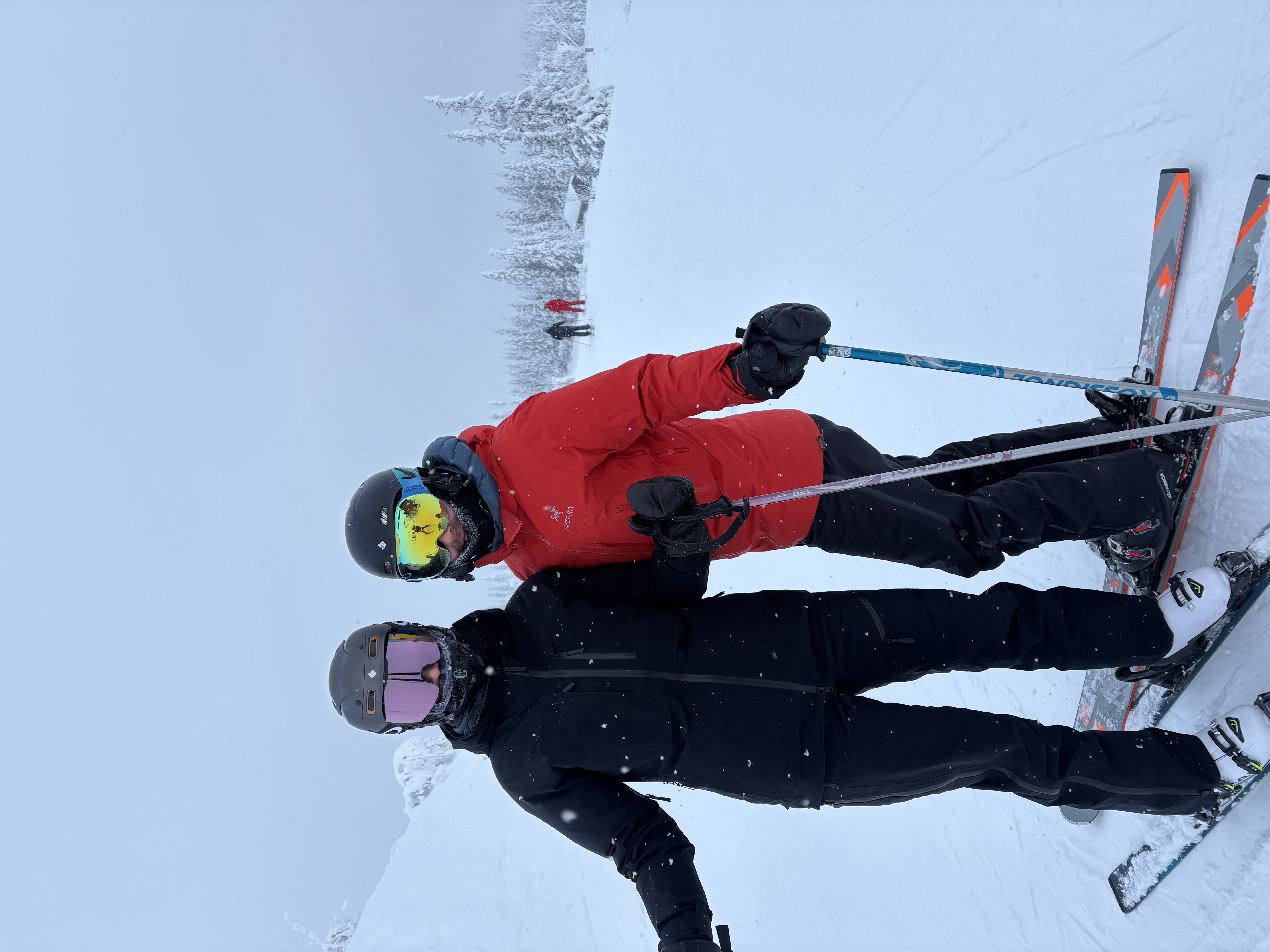 Et par personer som står på ski