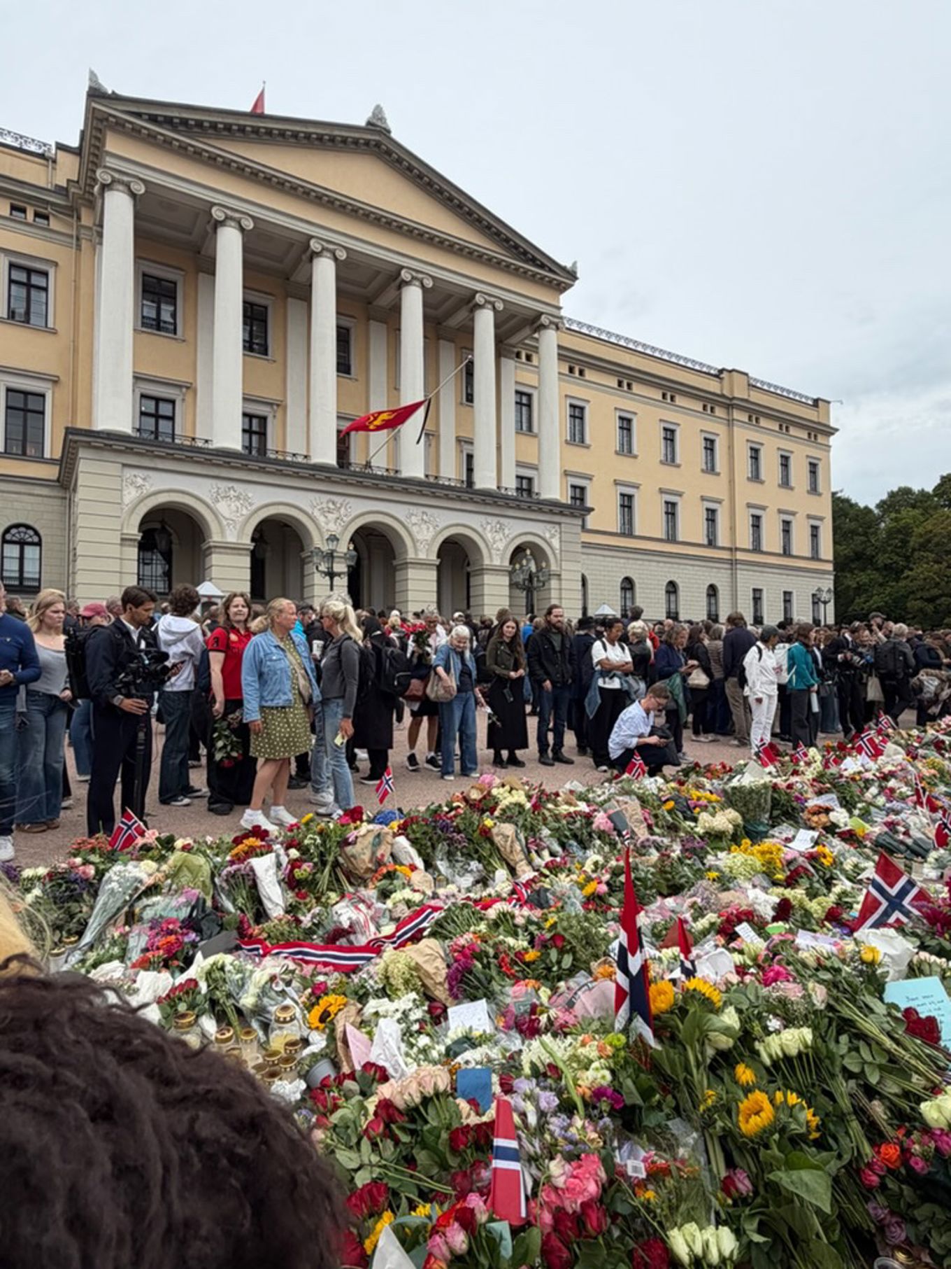 En gruppe mennesker som står foran en bygning med søyler